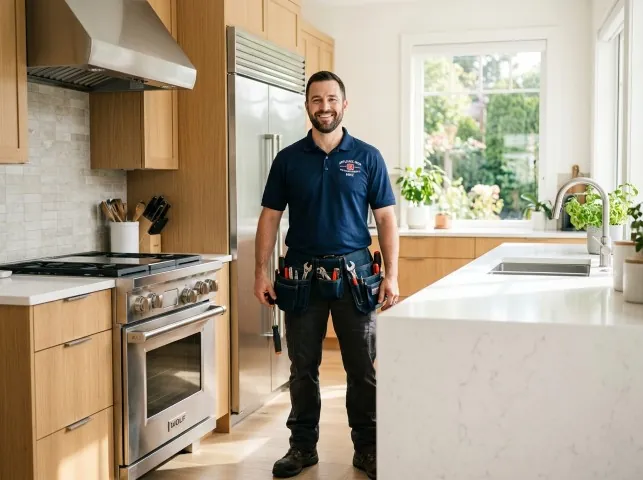 Appliance Repair Hero technician in a Albertson, NY kitchen after an appliance repair
