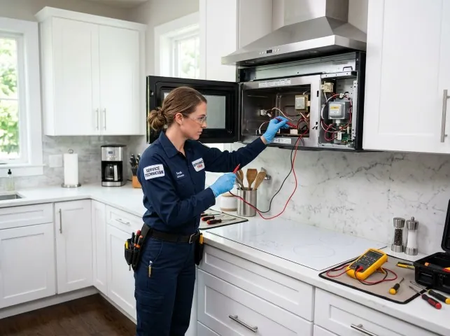 Appliance Repair Hero technician testing an over-the-range microwave in a Albertson, NY kitchen
